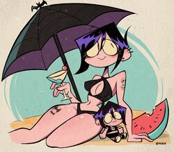  beach beach_background beach_umbrella big_ass big_breasts big_butt bikini bikini_bottom bikini_top black_bra black_clothing black_hair black_panties bra breasts dark_clothing drinking ear_piercing earrings eyeliner female female_only full_body fully_clothed goth goth_girl gothic light-skinned_female neckline panties plushie purple_hair short_hair swimsuit swimwear tagme tattoo tattoo_on_chest tattoo_on_legs tattooed_arm tattoos thick thick_ass thick_legs watermelon 