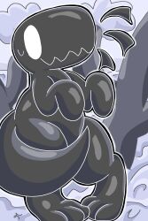  2:3 absurd_res ambiguous_gender anthro belly big_mouth_(anatomy) black_body cactus chrome cloud desert detailed_background digital_media_(artwork) dinosaur dinosaur_(google_chrome) dirt feet google google_chrome hands_down hi_res highlights_(coloring) krita_(artwork) nervous outline paws plant prehistoric_species reptile rushthepenguin scalie shaded sky smile solo surprised tail thick_thighs toes wet white_eyes 