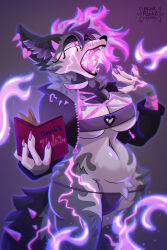  2:3 absurd_res alex_bluebird anthro beer_belly belly black_clothing black_magic book breasts canid canine canis clothed clothing dark_magic dark_magician dark_magician_girl demon deval deval_the_wolf duel_monster fangs fangs_bared female fire fluffy fur glowing glowing_eyes glowing_mouth glowing_patterns grey_body grey_fur hair hi_res hybrid mammal medium_breasts mintflake_caramel open_book open_mouth pink_accessory purple_body purple_eyes purple_fur purple_hair revealing_outfit skimpy solo spikes spikes_(anatomy) teeth wolf yu-gi-oh! 