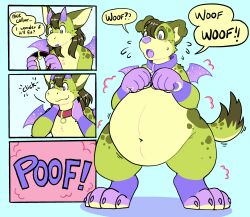  4_panel_comic after_transformation animal_noises anthro belly big_belly black_hair blue_background canid canine canis claws click collar cuppalion domestic_dog dragon english_text green_body hair hi_res holding_collar holding_object horn loss_of_speech male male_anthro mammal multicolored_body mythological_creature mythological_scalie mythology oliver_(cuppalion) overweight overweight_anthro overweight_male poof_effect poof_transformation purple_body scalie simple_background small_wings solo species_transformation speech_bubble surprised teal_background text toe_claws transformation transformation_by_item weight_gain wings woof_(sound_effect) worried 