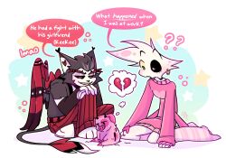  4_arms angel_dust animal_humanoid anthro arachnid arachnid_humanoid arthropod arthropod_humanoid broken_heart choker clothing demon dialogue domestic_pig ear_piercing ear_ring fat_nuggets_(hazbin_hotel) felid felid_humanoid feline feline_humanoid feral group hazbin_hotel hellaverse heterochromia hi_res humanoid husk_(hazbin_hotel) jewelry legwear male mammal mammal_humanoid mentioned_character multi_arm multi_limb necklace piercing question_mark ring_piercing speech_bubble stockings suid suine sus_(pig) suspenders sweater swirly_tail tail topwear trio triona-tribble wings 