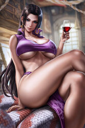  1girls alcoholic_drink arm_support bare_arms bare_legs bare_shoulders big_breasts big_thighs black_hair blue_eyes boa_hancock breasts busty closed_legs clothed clothed_female clothing cup dandon_fuga earrings female female_focus female_only fingernails fit fit_female holding_beverage holding_cup holding_drink huge_breasts large_breasts legs legs_crossed light_skin light_skinned_female long_hair long_skirt mature mature_female midriff nail_polish nails one_piece pirate purple_clothes purple_clothing purple_nail_polish purple_nails purple_skirt purple_tank_top reptile salome_(one_piece) shiny_hair sitting sitting_down skirt snake solo solo_female solo_focus stomach tank_top thick_thighs thighs toned toned_body toned_female toned_stomach underboob wine wine_glass 