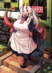  adjusting_clothes anime_nose apron barista beige_hair big_breasts big_eyes blush blush_lines blushing breasts brick_floor clothed clumsy coffee_shop cream_hair cute detailed_background digitigrade digitigrade_legs door dragon_girl dress female frilled_apron hair_between_eyes huge_breasts kagarimachi_ame kagarimachi_konatsu large_breasts lifting_dress light-skinned_female light_skin lizard_girl lizard_tail long_hair mature_female menu menu_board messy_hair monster_girl mouth_open necktie open_mouth open_sign outside potted_plant red_body red_eyes red_necktie red_scales red_tail ridged_tail scales shop shy sign solo tail thick_tail toe_claws white_apron white_hair wholesome 