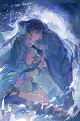  1boy armlet armor artist_request bandeau bent_over black_hair black_sandals blunt_ends character_name circlet clenched_hands clothing_cutout commentary_request commission commissioner_insert couple eye_contact eyelashes face-to-face female genshin_impact gold gold_circlet hand_in_another's_hair hand_up hands_on_another's_chest hands_up happy_birthday hayami_momo_(hayamimomo) highres japanese_armor japanese_clothes jewelry kariginu kimono kneeling kote kurokote long_hair long_sleeves looking_at_another oc_x_canon original own_hands_clasped own_hands_together pants pink_eyes purple_kimono purple_sash purple_sleeves purple_veil sandals sash scaramouche_(genshin_impact) scaramouche_(kabukimono)_(genshin_impact) second-party_source shoulder_cutout skirt straight tsurime veil very_long_hair white_bandeau white_hair white_pants white_skirt white_veil wide_sleeves 