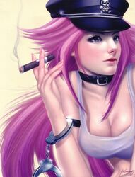  artist_request belt blue_eyes capcom cigar cleavage collar final_fight hand_cuffs hat long_hair looking_away poison_(final_fight) purple_hair realistic skull skull_and_crossbones smoking 