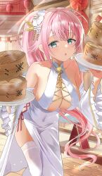  absurdres azur_lane bamboo_steamer bare_shoulders bent_over bread breasts china_dress chinese_clothes cleavage commentary_request detached_sleeves dress feathered_wings female food green_eyes hair_ornament highres holding lantern large_breasts long_hair looking_at_viewer low_wings official_alternate_costume paper_lantern pink_hair plate ponytail roughllaugh smile theseus_(azur_lane) theseus_(new_year's_white_plumage)_(azur_lane) thighhighs thighs very_long_hair wings 