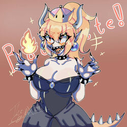  1girls big_boobs big_breasts blonde blonde_female blonde_hair bowsette breasts brown_background cleavage cleavage_cutout cleavage_dress clothed collar english_text female female_focus female_human female_only fire fully_clothed genderbend genderswap mario_(series) new_super_mario_bros._u_deluxe nintendo open_mouth ponytail rule_63 signature simple_background smile solo solo_female solo_focus spiked_collar super_crown tail text thecykox29! thick_thighs thighs 