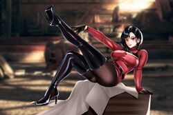  1girls 2023 ada_wong ada_wong_(adriana) alternate_version_available artist_name black_hair blurry_background capcom clothing female female_only fully_clothed gloves hi_res high_heel_boots leaning_on_hand leg_up looking_at_viewer medium_hair morineko orange_eyes pantyhose resident_evil resident_evil_4 resident_evil_4_remake sitting smiling smiling_at_viewer solo sweater sweater_dress thick_thighs thigh_boots thighhigh_boots 