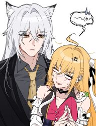  1boy ahoge animal_ear_fluff animal_ears bare_shoulders black_jacket blonde_hair breasts cat_boy cat_ears cissia_(zenless_zone_zero) cleavage closed_mouth collarbone colored_tips commentary_request crossed_bangs detached_sleeves dlrjwksk earclip fangs female fingernails grey_shirt hair_between_eyes highres jacket long_hair looking_at_another medium_breasts multicolored_hair necktie open_mouth pink_nails severian_lowell shirt shock_collar simple_background snake spoken_squiggle squiggle sweatdrop tearing_up white_background white_hair white_snake yellow_eyes yellow_necktie zenless_zone_zero 