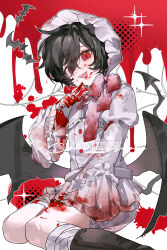  absurdres bandaged_arm bandaged_leg bandages bat_(animal) black_boots black_hair blood blood_on_clothes blood_on_hands bloomers bonnet boots buttons chinese_commentary commentary_request commission demon_tail demon_wings dress fangs female frilled_bonnet frills hair_between_eyes hand_up highres index_finger_raised juliet_sleeves long_sleeves looking_at_viewer open_mouth original puffy_sleeves red_eyes shenjingyuanganran short_hair sitting sleeves_past_wrists slit_pupils solo sparkle tail teeth upper_teeth_only vampire wariza watermark white_bloomers white_dress wings 