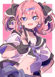  :d black_choker black_ribbon black_sailor_collar blush_stickers border character_request choker collarbone commentary_request copyright_request crop_top cropped_shirt crossed_bangs dot_nose earrings female hair_between_eyes hair_ribbon hand_up holding holding_stylus jewelry looking_at_viewer midriff navel oerba_yun_fang open_mouth outline outside_border pink_background pink_hair purple_eyes ribbon sailor_collar serizawa_serizane shirt short_hair short_sleeves simple_background smile solo stylus upper_body white_border white_outline white_shirt 
