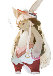  absurdres animal_ears blonde_hair commentary_request female from_below furry furry_female highres made_in_abyss nanachi_(made_in_abyss) oerba_yun_fang open_mouth shaded_face simple_background solo tokaki translation_request yellow_eyes 