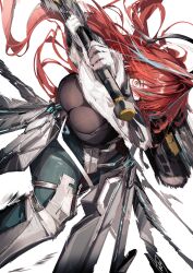  absurdres ankoro_mochi arknights arknights:_endfield armor breasts cleavage commentary_request ember_(arknights) female gloves highres holding holding_sword holding_weapon large_breasts long_hair looking_at_viewer motion_lines multicolored_hair red_hair simple_background solo speed_lines streaked_hair sword weapon white_background white_gloves yellow_eyes 