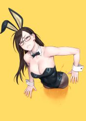  animal_ear_hairband animal_ears black_bow black_bowtie black_hair black_leotard black_pantyhose bow bowtie breasts cleavage closed_eyes commentary_request cowboy_shot crack detached_collar earrings fake_animal_ears female glasses hairband highres jewelry leotard long_hair medium_breasts original pantyhose playboy_bunny rabbit_ears rabbit_tail solo strapless strapless_leotard stuck tail through_wall wrist_cuffs yellow_background yuuji_(and) 