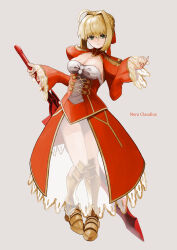 absurdres ahoge armored_boots blonde_hair boots braid braided_bun breasts character_name cleavage commentary dress epaulettes fate/grand_order fate_(series) female green_eyes hair_bun highres holding holding_sword holding_weapon long_sleeves medium_breasts nero_claudius_(fate) nero_claudius_(fate/extra) red_dress simple_background solo sword tokaki weapon 