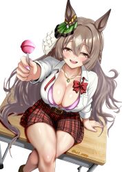  absurdres amesuku_gyaru animal_ears blush bow bowtie bra braid breasts brown_eyes brown_hair candy cleavage collared_shirt commentary_request crossed_legs desk double-parted_bangs ear_ornament female food gyaru hair_between_eyes half_up_braid highres holding holding_candy holding_food holding_lollipop horse_ears horse_girl horse_tail jewelry kogal large_breasts lollipop long_hair long_sleeves looking_at_viewer multicolored_hair necklace on_desk open_mouth pink_bra pink_nails plaid_clothes plaid_skirt pocotas red_bow red_bowtie satono_diamond_(umamusume) shirt sitting skirt smile solo streaked_hair tail teeth umamusume underwear upper_teeth_only very_long_hair white_shirt 