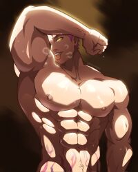  1boy abby_(kpop_demon_hunters) abs bara clenched_hand commentary english_commentary highres kpop_demon_hunters large_pectorals looking_at_viewer male_focus muscular muscular_male navel nipples pectorals pink_hair pinkybiitch solo tongue tongue_out twitter_username veins yellow_eyes 