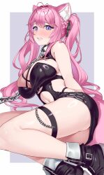  absurdres animal_ears antenna_hair arms_behind_back black_boots black_dress black_ribbon blush boots braid breasts chain_leash chains cleavage cleavage_cutout clothing_cutout collar commentary_request dress female fold-over_boots hair_ribbon hakui_koyori hakui_koyori_(dark_maid) halter_dress halterneck highres hololive large_breasts leash long_hair looking_at_viewer lying metal_collar navel_cutout official_alternate_costume on_side panty_straps pink_hair purple_eyes ribbon short_dress side_braid sleeveless sleeveless_dress solo tail teeth thigh_strap twintails very_long_hair virtual_youtuber wolf_ears wolf_girl wolf_tail yumemori_jabara 