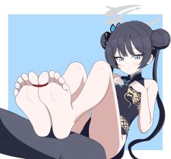  1boy :t bare_arms bare_legs bare_shoulders barefoot black_dress black_hair blue_archive blue_background blue_trim blush border bound bound_toes braid breasts bun_with_braided_base butterfly_hair_ornament china_dress chinese_clothes closed_mouth commentary commission double_bun dragon_print dress english_commentary feet feet_on_another's_thighs female foot_focus furrowed_brow grey_eyes grey_halo grey_pants hair_bun hair_ornament halo hands_on_own_chest highres kisaki_(blue_archive) knees_up koma-sensei long_hair looking_at_viewer pants pelvic_curtain pinstripe_pants pinstripe_pattern pout print_dress shanghai_neckline short_dress sitting sleeveless sleeveless_dress small_breasts soles solo_focus striped_clothes striped_pants toes tsurime twintails vertical-striped_clothes vertical-striped_pants very_long_hair white_border 