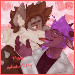  2026 anthro black_clothing black_shirt black_topwear blush blush_lines body_hair border bovid brown_body brown_fur brown_hair brunis_(brunisdraws) brunisdraws canid canine canis caprine cheek_tuft chest_hair clothing coat detailed detailed_fur duo ear_piercing ear_scar ears_up eyebrows eyewear facial_hair facial_tuft fluffy_ears fluffy_mane framed_picture french_kissing fur glasses goat_ears goatee grabbing_fur grey_body grey_fur hair heart_pupils heart_symbol hi_res holidays horizontal_pupils horn hybrid jacket jewelry kissing leather leather_clothing leather_jacket leather_topwear lights love male male/male mammal mane mexican_wolf moustache neck_tuft orange_eyes pattern_background piercing pupils purple_eyes purple_hair purple_tongue raincoat red_tongue redrich_(brunisdraws) ring romantic romantic_ambiance romantic_couple scar shaded shadow sharp_teeth sheep-goat shirt side_view signature silver_(metal) silver_jewelry silver_ring simple_background size_difference sleepy_eyes spines teeth text tongue topwear tuft two_tone_hands valentine's_day wearing_glasses white_body white_fur wolf 