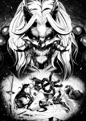  absurdres arms_behind_back bare_shoulders bondage bondage bondage bound bound_arms breast_curtains breasts broken broken_sword broken_weapon chaos_zero_nightmare chizuru_(chaos_zero_nightmare) commentary demon demon_horns elbow_gloves english_commentary female full_body gloves hair_ornament hakama hakama_short_skirt hakama_skirt highres horns japanese_clothes kneehighs large_breasts mechanical_arms mole mole_under_eye monochrome nontraditional_miko open_mouth parted_bangs planted planted_sword restrained rope saliva sandals shimenawa sidelocks single_mechanical_arm skirt socks sweat sword tears teeth themontblanc torn_clothes torn_gloves torn_skirt traumatized weapon 