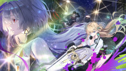  3girls absurdres black_skirt blonde_hair blue_eyes breasts chisa_(wuthering_waves) cleavage colored_eyelashes commentary earrings grey_hair highres id_card jacket jewelry lkeris long_hair looking_at_viewer lynae_(wuthering_waves) medium_breasts mornye_(wuthering_waves) motor_vehicle motorcycle multiple_girls red_eyes shirt skirt triangle_earrings white_jacket white_shirt wuthering_waves 