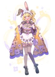  :d absurdres animal_ear_fluff animal_ears ankle_boots apron black_boots black_thighhighs blonde_hair blush boots breasts cleavage commentary_request female frilled_apron frilled_hairband frills full_body garter_straps hair_between_eyes hairband heart heart_hands heart_in_heart_hands highres japanese_clothes kemonomimi_mode kimono lace-trimmed_thighhighs lace-up_boots lace_trim large_breasts long_hair long_sleeves looking_at_viewer magia_record:_mahou_shoujo_madoka_magica_gaiden mahou_shoujo_madoka_magica open_mouth rabbit_ears rabbit_girl red_eyes serizawa_serizane side_ponytail simple_background smile solo standing sweatdrop thighhighs togame_momoko white_apron white_background wide_sleeves yellow_kimono 