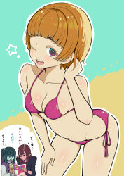  3girls ;d absurdres android antennae arrow_(symbol) bare_arms bare_shoulders bikini black_jacket blue_background boots breasts brown_boots brown_hair brown_shirt character_request cleavage collarbone colored_eyelashes commentary_request daidouji_akane green_hair hand_up highres holding jacket kurusu_makina_(milky_galactic_universe) letterman_jacket long_sleeves medium_breasts milky_subway multiple_girls one_eye_closed open_clothes open_jacket outline pointy_ears puffy_long_sleeves puffy_sleeves purple_bikini purple_eyes purple_jacket purple_shirt shirt side-tie_bikini_bottom smile swimsuit temari_rin translation_request two-tone_background white_outline 