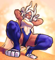  :d absurdres animal_ears armpits bare_shoulders boku_no_hero_academia breasts commentary covered_abs covered_navel crescent_print dark-skinned_female dark_skin english_commentary female fur_collar gloves grin hands_up highleg highleg_leotard highres large_breasts leotard long_eyelashes long_hair looking_at_viewer mirko nominoparadox parted_bangs purple_thighhighs rabbit_ears rabbit_girl rabbit_pose rabbit_tail red_eyes smile solo spread_legs squatting tail tail_through_clothes taut_leotard thick_thighs thighhighs thighs toned toned_female very_long_hair white_gloves white_hair white_leotard 