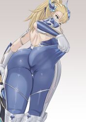  ass blonde_hair bodystocking_pull bodysuit breasts cameltoe character_request female from_behind from_below gloves grey_background highres impossible_bodysuit impossible_clothes large_breasts long_hair mask meme mouth_mask propips simple_background solo taimanin_(series) taimanin_suit white_gloves wilhelmina_stretch_(meme) 