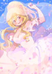  :d absurdres arm_up bare_shoulders blonde_hair blue_background blush breasts cleavage commentary_request cowboy_shot dot_nose double-parted_bangs dress female gloves hair_between_eyes highres large_breasts long_hair looking_at_viewer magia_record:_mahou_shoujo_madoka_magica_gaiden mahou_shoujo_madoka_magica off-shoulder_dress off_shoulder open_mouth red_eyes see-through_clothes see-through_veil serizawa_serizane short_sleeves smile solo togame_momoko twitter_username veil white_gloves 