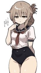  black_one-piece_swimsuit black_sailor_collar brown_eyes brown_hair commentary_request covered_navel cowboy_shot female folded_ponytail highres inazuma_(kancolle) kantai_collection neckerchief new_school_swimsuit one-piece_swimsuit red_neckerchief sailor_collar sailor_shirt school_swimsuit school_uniform serafuku serasuku shirt short_sleeves simple_background solo swimsuit translation_request unagiman white_background white_shirt 