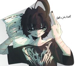  1boy absurdres ahoge black_eyes black_hair black_shirt commentary english_commentary english_text hands_up highres holding holding_paper huge_ahoge insult insulting_viewer job_application_form_(meme) looking_at_viewer male_focus meme middle_finger multiple_scars nightcore_(n19htc0r333) original paper scar scar_on_arm shirt short_hair short_sleeves simple_background smile solo upper_body white_background wispy_bangs 