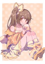  bare_legs bare_shoulders border bow breasts brown_hair cleavage closed_mouth coffee_mug collarbone commentary_request cup dot_nose dress female fingernails frilled_bow frilled_dress frills full_body hair_over_shoulder hairbow halter_dress halterneck hands_up head_tilt highres holding holding_cup jacket knee_blush knees_up leg_warmers legs_together magia_record:_mahou_shoujo_madoka_magica_gaiden mahou_shoujo_madoka_magica mug no_shoes open_clothes open_jacket orange_background orange_eyes orange_jacket orange_leg_warmers orange_socks orange_theme outline plaid_clothes plaid_jacket polka_dot polka_dot_background serizawa_serizane shiny_skin side_ponytail sidelocks sideways_glance simple_background single_horizontal_stripe sitting sleepwear sleeveless sleeveless_dress small_breasts smile socks solo swept_bangs tareme twitter_username white_border white_outline yellow_bow yellow_dress yui_tsuruno 