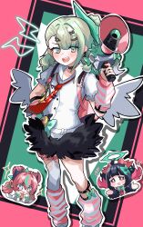  +++ 3girls absurdres aqua_hair aqua_streaks aria_(zenless_zone_zero) arm_warmers bandaid bandaid_hair_ornament black_hair black_skirt blue_eyes blush bow chibi collar collarbone colored_inner_hair commentary_request earrings fur-trimmed_skirt fur-trimmed_sleeves fur_trim green_background green_bow green_eyes green_hair green_halo green_nails hair_between_eyes hair_ornament hairbow halo heart heart_hair_ornament highres holding holding_megaphone jewelry leg_warmers looking_at_viewer megaphone multicolored_hair multiple_girls multiple_hair_bows multiple_hair_clips musical_note_earrings nangong_yu necktie pink_arm_warmers pink_bag pink_hair pink_leg_warmers ponytail red_eyes red_necktie rieana shirt skirt sparkle streaked_hair striped_arm_warmers striped_leg_warmers sunna_(zenless_zone_zero) tears white_shirt white_wings winged_bag wings zenless_zone_zero 