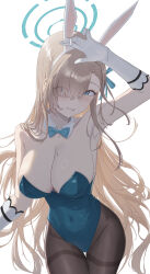  absurdres animal_ear_hairband animal_ears asuna_(blue_archive) asuna_(bunny)_(blue_archive) bare_shoulders blonde_hair blue_archive blue_bow blue_bowtie blue_eyes blue_halo blue_leotard blush bow bowtie breasts cleavage collarbone commentary_request covered_groin covered_navel detached_collar fake_animal_ears female gloves hair_over_one_eye hairband halo highres ikou_(18_ikou) large_breasts leotard long_hair looking_at_viewer mole mole_on_breast pantyhose parted_lips rabbit_ear_hairband rabbit_ears smile solo thighband_pantyhose very_long_hair white_gloves 