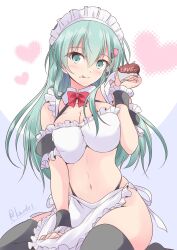  alternate_costume apron bikini black_thighhighs bow bowtie breasts chocolate commentary_request detached_sleeves enmaided female frilled_bikini frills green_eyes green_hair highres kantai_collection large_breasts maid maid_bikini maid_headdress one-hour_drawing_challenge red_bow red_bowtie shizuna_kaede solo suzuya_(kancolle) swimsuit thighhighs tongue tongue_out unconventional_maid waist_apron wrist_cuffs 