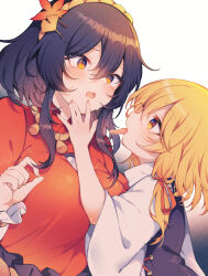  2girls autumn_leaves blonde_hair blush breasts commentary_request flying_sweatdrops ginkgo_leaf hair_between_eyes hair_ornament hair_ribbon highres horizontal_pupils large_breasts leaf leaf_hair_ornament long_hair long_tongue maple_leaf mirror moriya_suwako multiple_girls no_headwear oerba_yun_fang open_mouth purple_hair purple_vest red_ribbon red_shirt ribbon shirt skin_fang slit_pupils sweat tama_(soon32281) textless_version tongue tongue_out touhou tress_ribbon variant_set vest yasaka_kanako yellow_eyes yuri 