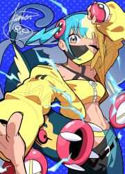  aqua_hair bandeau black_mask blonde_hair blue_eyes blue_skin breasts canari_(pokemon) collarbone colored_sclera colored_skin commentary_request criss-cross_straps dark-skinned_female dark_skin eel eelektross electricity fangs female fish hanten_(hantennano) highres holding holding_poke_ball jacket lamprey long_sleeves looking_at_viewer mask mega_eelektross mega_pokemon mega_stone mouth_mask multicolored_hair multicolored_nails multicolored_skin navel one_eye_closed open_mouth pants poke_ball poke_ball_(basic) pokemon pokemon_(creature) pokemon_legends:_z-a red_sclera short_twintails small_breasts solo split-color_clothes split-color_hair sports_bra twintails two-tone_hair two-tone_mask two-tone_pants two-tone_skin white_skin yellow_bandeau yellow_jacket yellow_mask yellow_sports_bra 