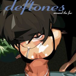  absurdres album_cover_redraw around_the_fur bikini black_bikini black_eyes black_hair breasts deftones_(band) derivative_work eyes_visible_through_hair female from_above hair_over_one_eye highres looking_at_viewer mouth_hold nightcore_(n19htc0r333) original short_hair small_breasts solo swimsuit unlit_cigarette_in_mouth upper_body 