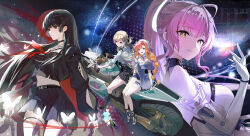  4girls absurdres aemeath_(wuthering_waves) arm_cutout bare_shoulders black_hair black_jacket black_serafuku black_shirt black_skirt blonde_hair breasts chisa_(wuthering_waves) closed_mouth clothing_cutout commentary crop_top doga_gyul elbow_gloves gloves hair_ornament hand_up highres jacket jewelry long_hair long_sleeves lynae_(wuthering_waves) medium_breasts motor_vehicle motorcycle multiple_girls multiple_rings orange_hair pink_hair ponytail purple_jacket red_eyes ring school_uniform serafuku shirt sigrika_(wuthering_waves) sitting skirt smile split_theme star-shaped_pupils star_(symbol) symbol-shaped_pupils tacet_mark_(wuthering_waves) veil white_gloves white_shirt white_veil wind wuthering_waves 