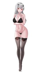  arm_under_breasts bandaged_head bandages black_bra black_panties black_thighhighs bra breasts cleavage commentary corrupted_twitter_file female goddess_of_victory:_nikke grey_hair highres large_breasts long_hair modernia_(nikke) navel panties red_eyes simple_background solo stomach thighhighs thighs underwear yeux_a 