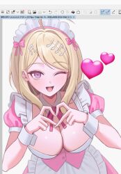  ;d ahoge akamatsu_kaede apron breasts cleavage danganronpa_(series) danganronpa_v3:_killing_harmony dress female four-finger_heart_hands heart heart_hands highres keke_(xfxyuio) large_breasts looking_at_viewer maid maid_headdress neck_ribbon one_eye_closed open_mouth pink_dress pink_eyes pink_ribbon puffy_short_sleeves puffy_sleeves ribbon short_sleeves smile solo unfinished waist_apron white_apron 