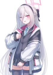  absurdres aqua_necktie black_skirt blue_archive commentary_request female hair_between_eyes highres jacket kei_(blue_archive) kei_(new_body)_(blue_archive) long_hair looking_at_viewer marulire necktie open_mouth pink_eyes pleated_skirt simple_background skirt solo thighs very_long_hair white_background white_jacket zettai_ryouiki 