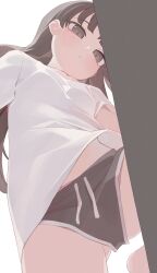  black_eyes black_hair black_shorts closed_mouth commentary dolphin_shorts female from_below highres hiroki_(yyqw7151) long_hair looking_at_viewer original panties panty_peek pink_panties shirt short_shorts shorts solo underwear white_background white_shirt 