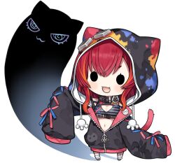  :d animal_hood black_collar black_jacket breasts capriccio chibi cleavage collar commentary_request crossed_bandaids fangs female goggles goggles_on_head hair_between_eyes hood hood_up hooded_jacket jacket long_hair long_sleeves medium_breasts multicolored_hair navel nekota_tsuna orange_hair puffy_long_sleeves puffy_sleeves red_hair sleeves_past_fingers sleeves_past_wrists smile solid_oval_eyes standing streaked_hair tail thick_eyebrows virtual_youtuber vspo! white_background 