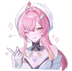  ;q aemeath_(wuthering_waves) ahoge bare_shoulders breasts closed_mouth commentary_request female gloves hair_ornament hand_up highres looking_at_viewer medium_breasts one_eye_closed orange_eyes simple_background smile soyogi_nrso star-shaped_pupils star_(symbol) symbol-shaped_pupils tacet_mark_(wuthering_waves) tongue tongue_out upper_body white_background white_gloves wuthering_waves 