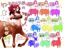  ... artist_name centaur commentary_request english_text eyelashes female highres long_hair mixed-language_text monster_girl multiple_persona navel original pointy_ears red_eyes red_hair shirayujk solo speech_bubble standing taur translation_request twitter_username 