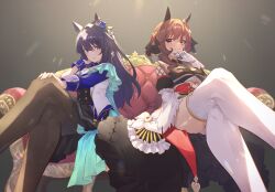  2girls animal_ears bare_shoulders beruu black_pantyhose blue_eyes blue_hair braid braided_hair_rings breasts brown_hair commentary_request couch crossed_legs dress ear_covers ear_ornament from_below gentildonna_(regina_dei_fiori)_(umamusume) gentildonna_(umamusume) gloves gold_trim hair_rings highres horse_ears horse_girl horse_tail large_breasts long_hair mole mole_under_eye multiple_girls on_couch pantyhose red_eyes sitting smile tail thighhighs thighs umamusume verxina_(le_beau_sommet)_(umamusume) verxina_(umamusume) white_gloves white_thighhighs 