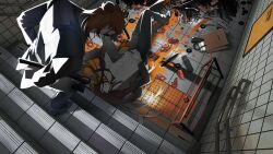  2boys androgynous axe bag black_hair cassette_tape commentary_request controller fish goldfish half_updo highres jacket knife korean_commentary lapels lying male_focus multicolored_hair multiple_boys mzet necktie on_ground orange_blood orange_hair original pants red_hair remote_control shirt stairs subway_station tactile_paving tile_floor tile_wall tiles white_shirt 